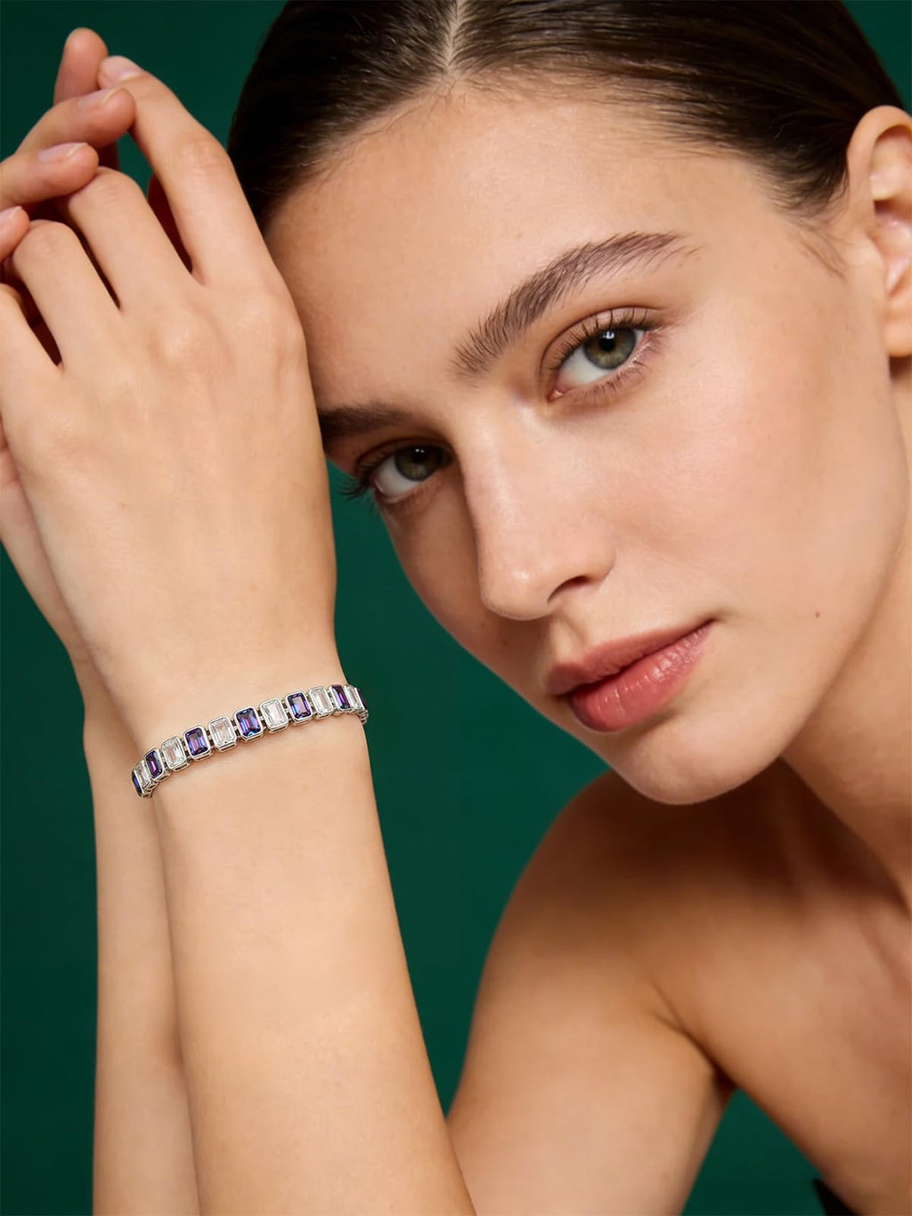 Birthstone Bracelets for Women, Sterling Silver Tennis Bracelets Emerald Cut Bezel Set with Adjustable Chain, Elegant Anniversary, Birthday or Valentine's Day Gift