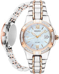 SEIKO SUT068 Watch for Women - Diamond Collection - with 18 Diamond Accents, Solar Power, Mother-of-Pearl Dial, Two-Tone Rose Gold Stainless Steel Case & Bracelet, and Water-Resistant to 50m
