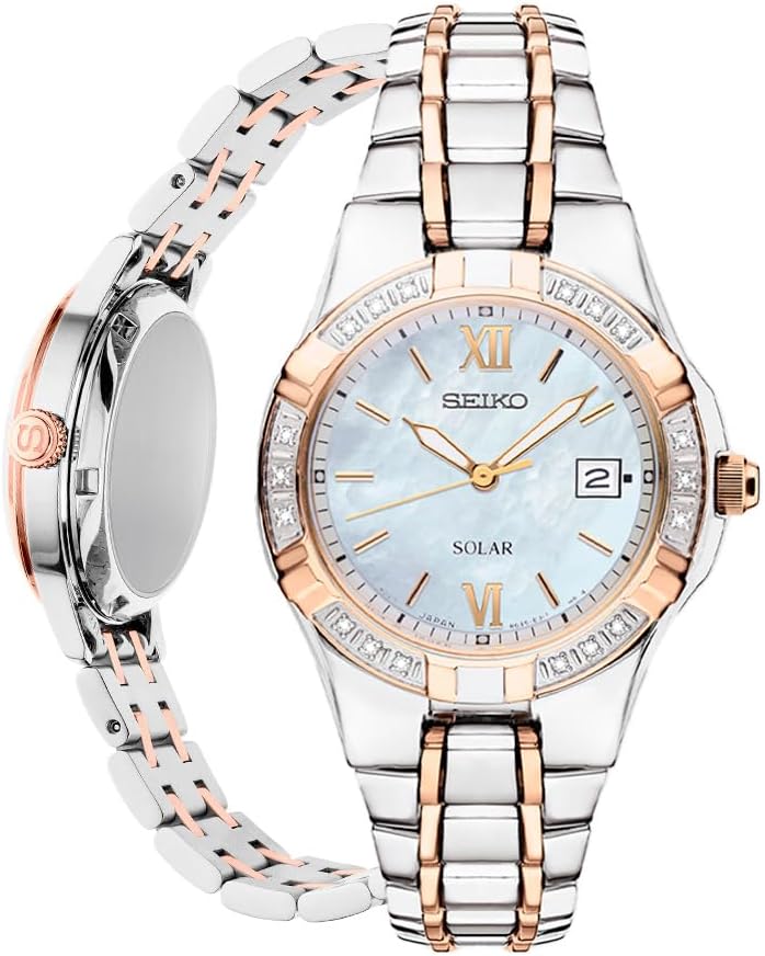 SEIKO SUT068 Watch for Women - Diamond Collection - with 18 Diamond Accents, Solar Power, Mother-of-Pearl Dial, Two-Tone Rose Gold Stainless Steel Case & Bracelet, and Water-Resistant to 50m