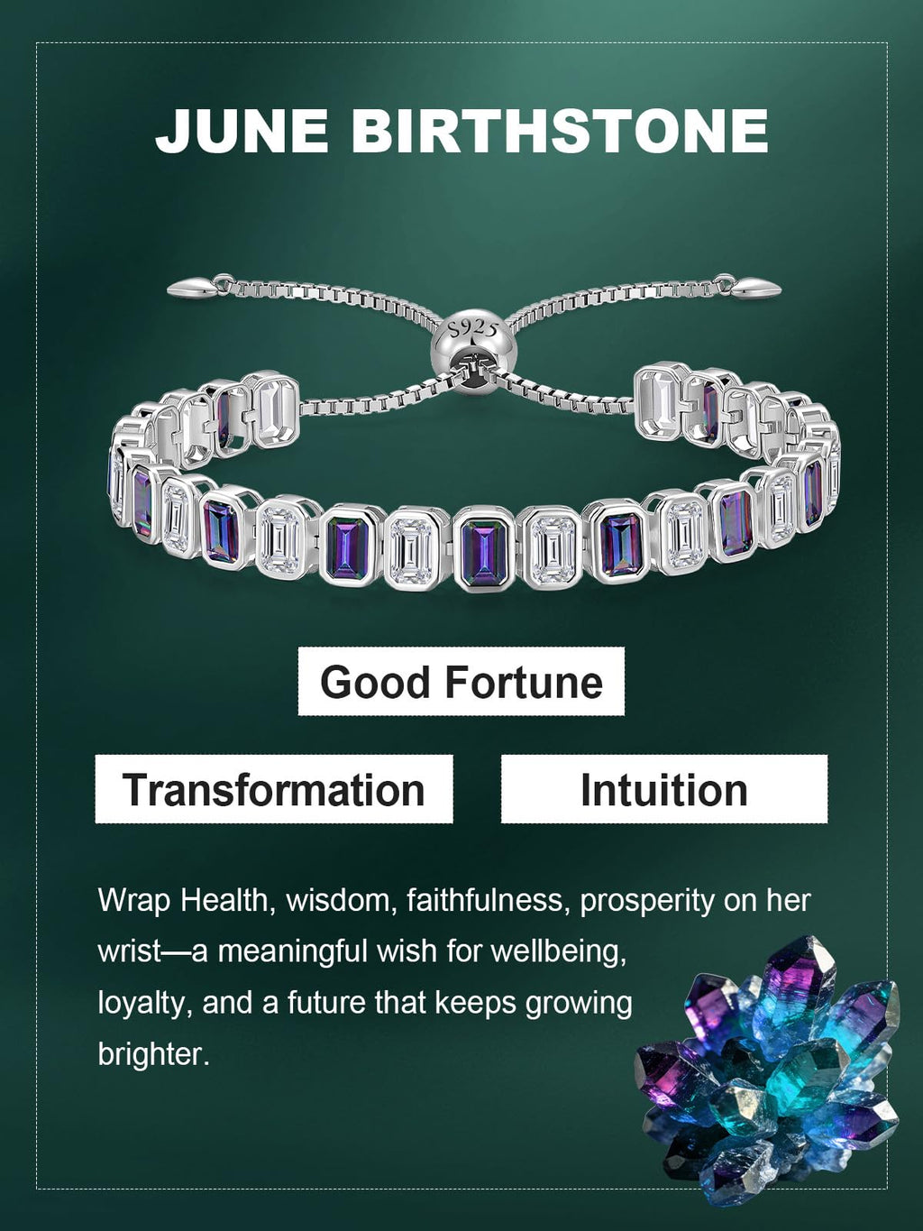 Birthstone Bracelets for Women, Sterling Silver Tennis Bracelets Emerald Cut Bezel Set with Adjustable Chain, Elegant Anniversary, Birthday or Valentine's Day Gift