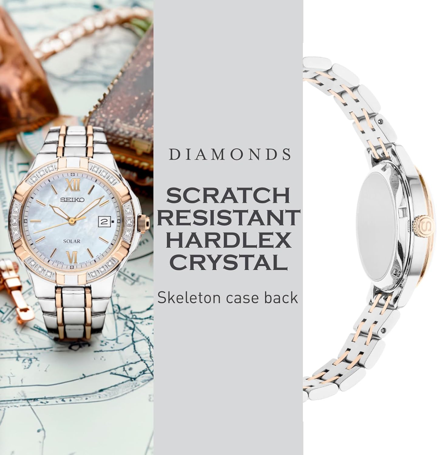 SEIKO SUT068 Watch for Women - Diamond Collection - with 18 Diamond Accents, Solar Power, Mother-of-Pearl Dial, Two-Tone Rose Gold Stainless Steel Case & Bracelet, and Water-Resistant to 50m