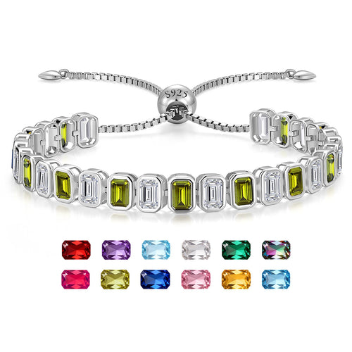 Birthstone Bracelets for Women, Sterling Silver Tennis Bracelets Emerald Cut Bezel Set with Adjustable Chain, Elegant Anniversary, Birthday or Valentine's Day Gift
