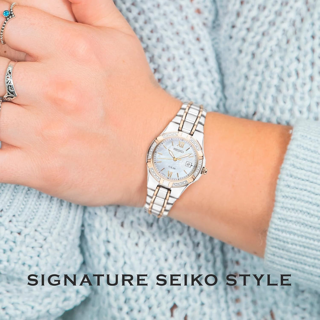 SEIKO SUT068 Watch for Women - Diamond Collection - with 18 Diamond Accents, Solar Power, Mother-of-Pearl Dial, Two-Tone Rose Gold Stainless Steel Case & Bracelet, and Water-Resistant to 50m