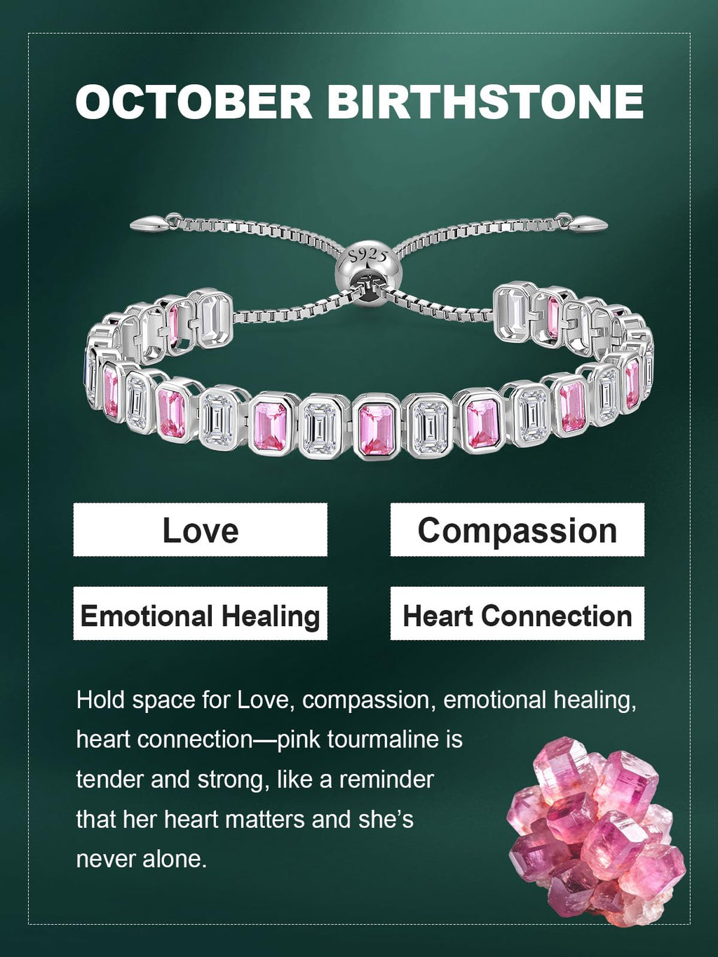 Birthstone Bracelets for Women, Sterling Silver Tennis Bracelets Emerald Cut Bezel Set with Adjustable Chain, Elegant Anniversary, Birthday or Valentine's Day Gift