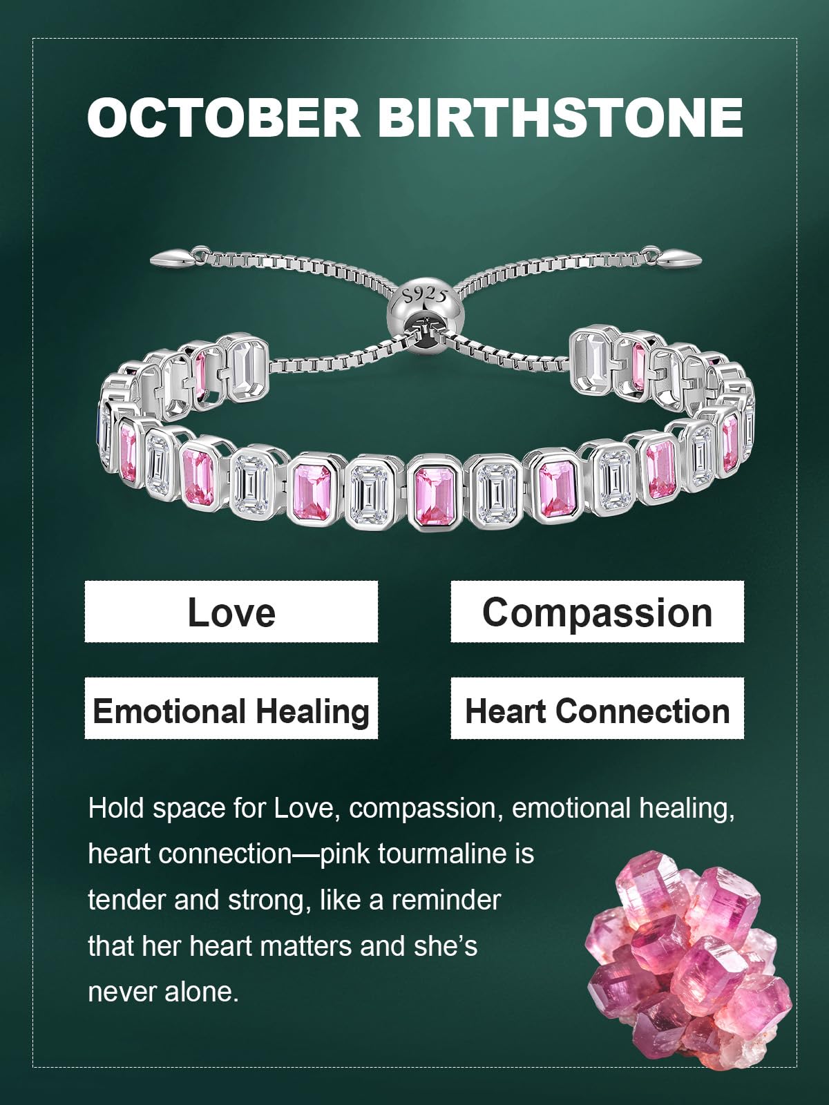 Birthstone Bracelets for Women, Sterling Silver Tennis Bracelets Emerald Cut Bezel Set with Adjustable Chain, Elegant Anniversary, Birthday or Valentine's Day Gift