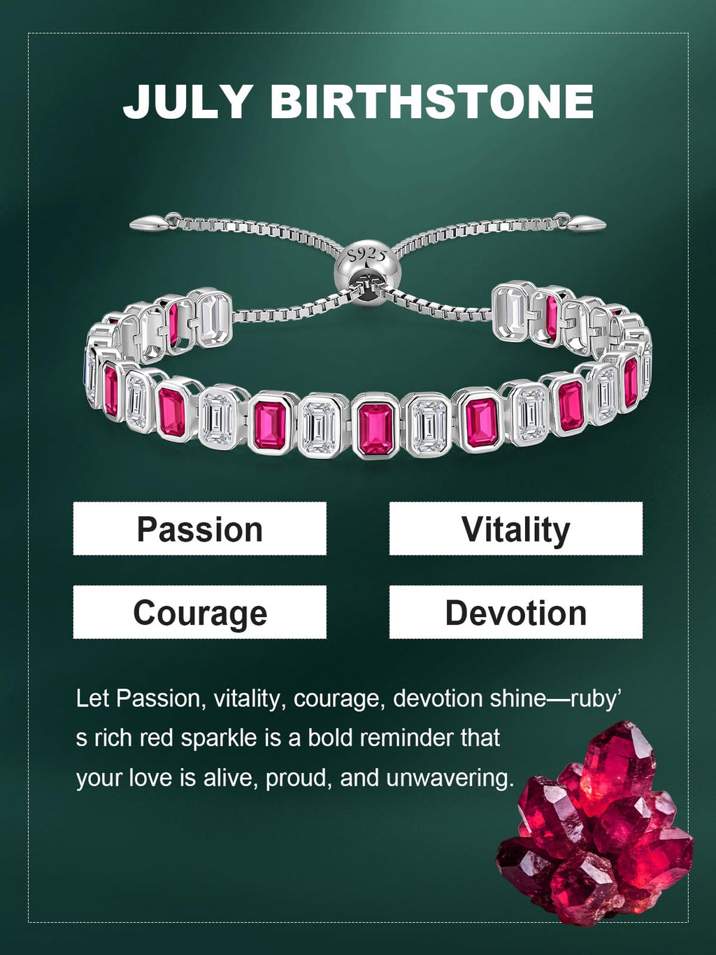 Birthstone Bracelets for Women, Sterling Silver Tennis Bracelets Emerald Cut Bezel Set with Adjustable Chain, Elegant Anniversary, Birthday or Valentine's Day Gift
