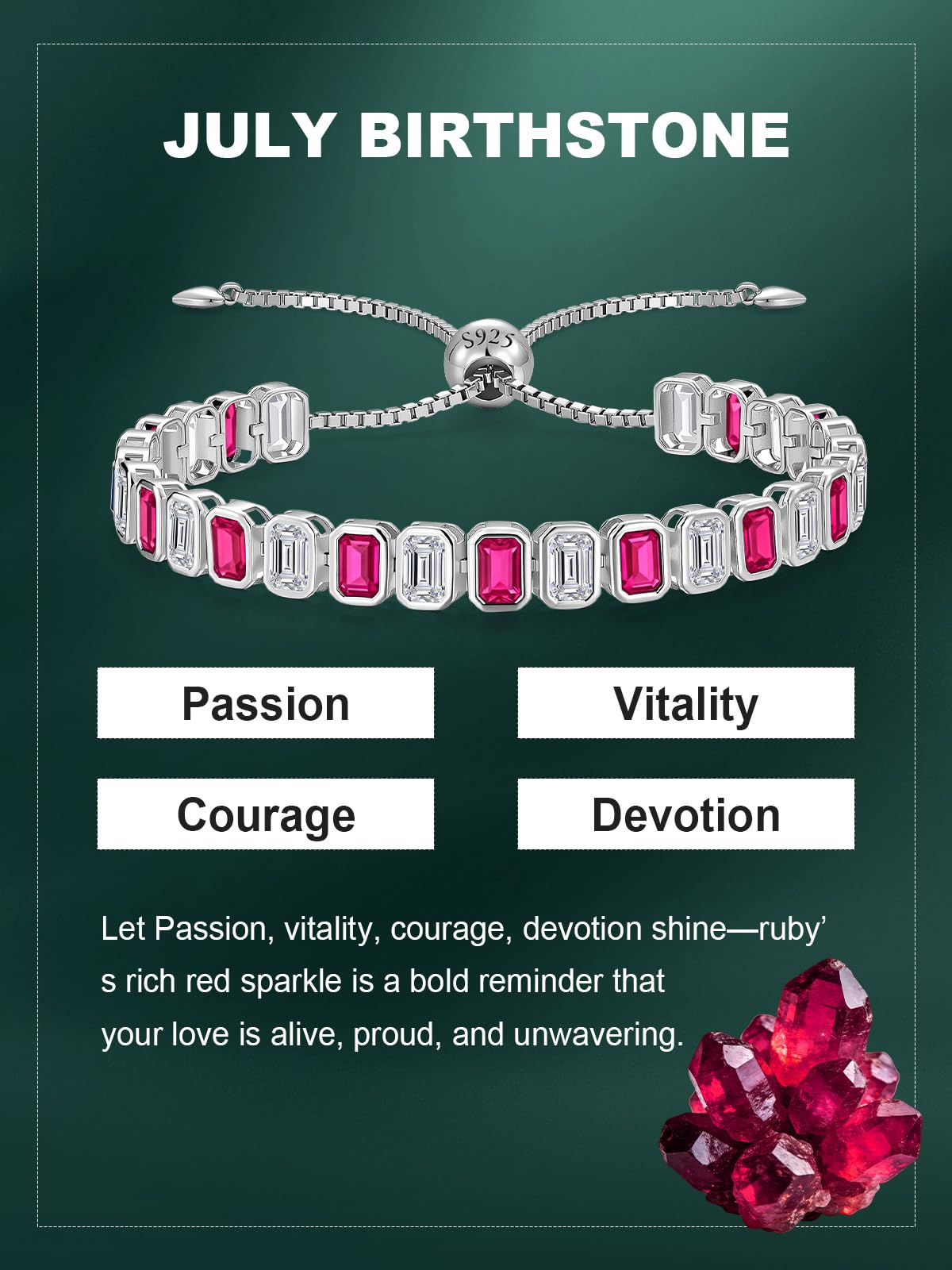 Birthstone Bracelets for Women, Sterling Silver Tennis Bracelets Emerald Cut Bezel Set with Adjustable Chain, Elegant Anniversary, Birthday or Valentine's Day Gift
