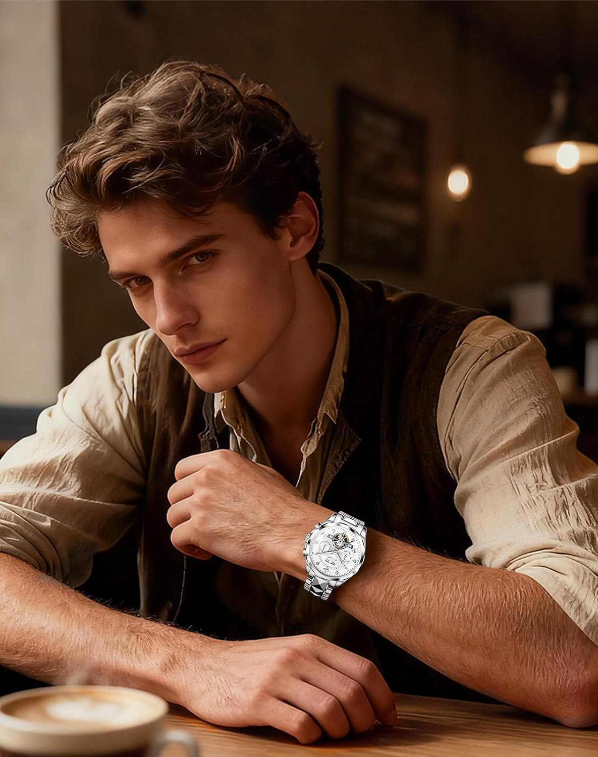 OLEVS Men Automatic Watch Diamond Skeleton Mechanical Original Luxury Self Winding Moon Phase Calendar Waterproof Wrist Watch for Men