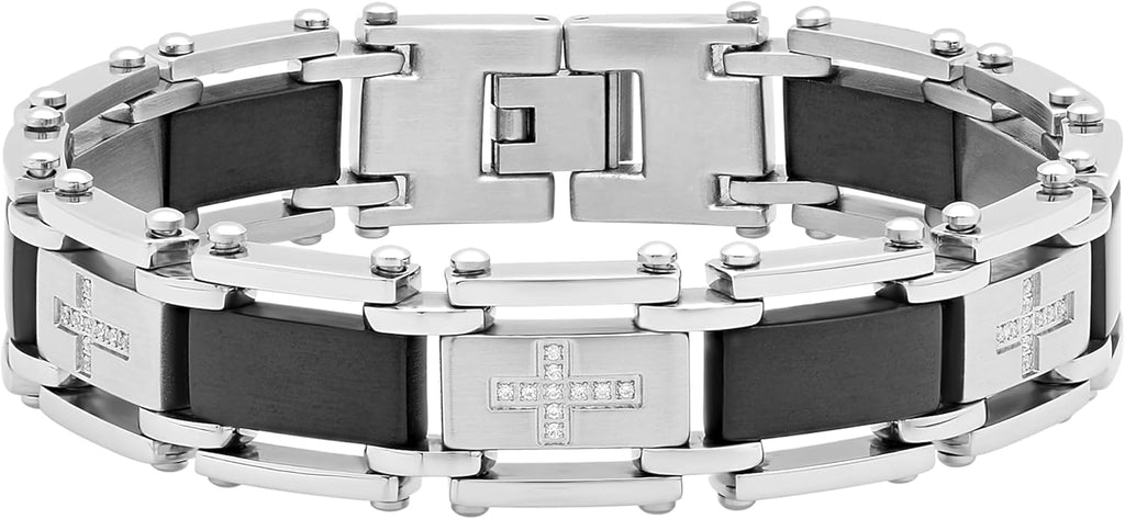 Stainless Steel and Resin CZ Black Finish Link Bracelet - 8.5 Inches, Hypoallergenic and Robust