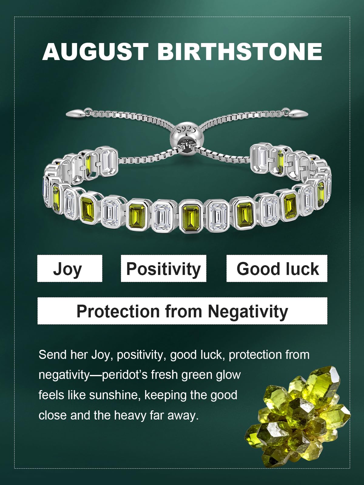 Birthstone Bracelets for Women, Sterling Silver Tennis Bracelets Emerald Cut Bezel Set with Adjustable Chain, Elegant Anniversary, Birthday or Valentine's Day Gift