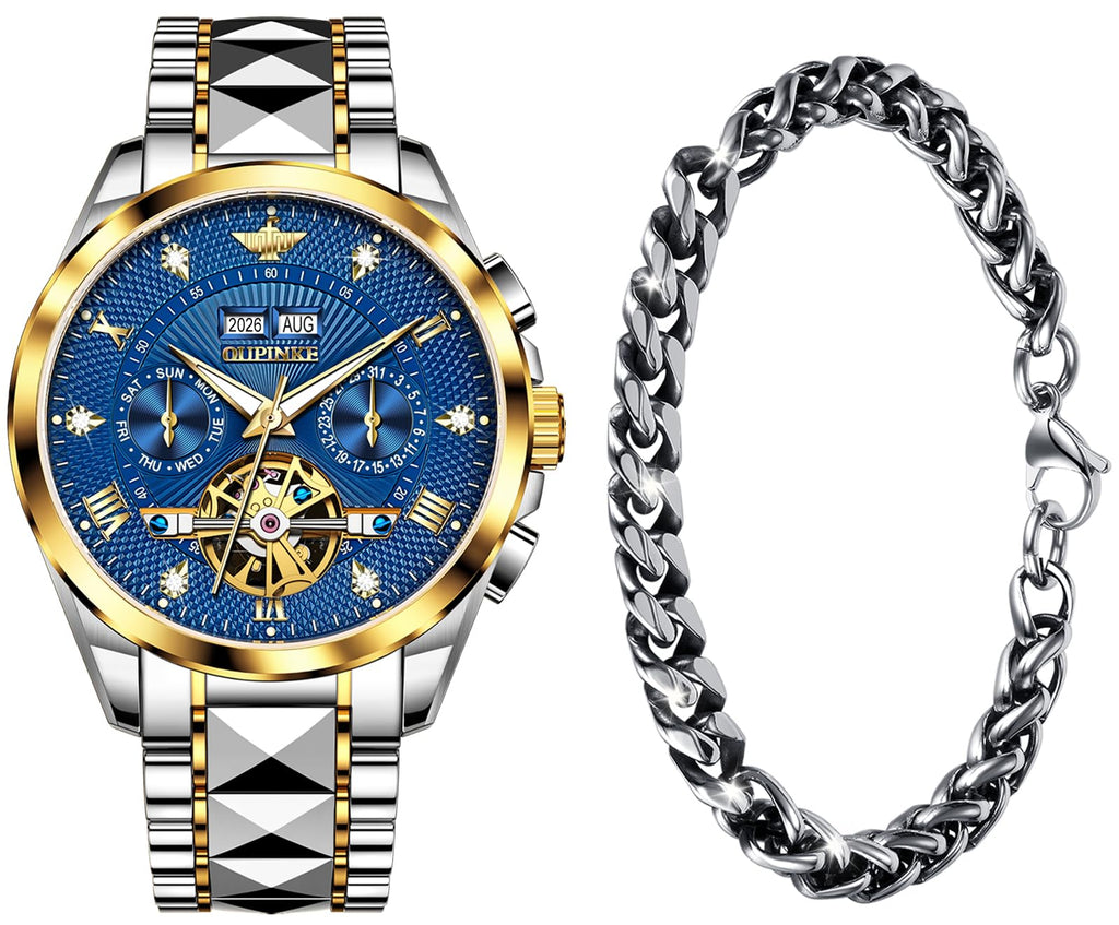 OLEVS Men Automatic Watch Diamond Skeleton Mechanical Original Luxury Self Winding Moon Phase Calendar Waterproof Wrist Watch for Men