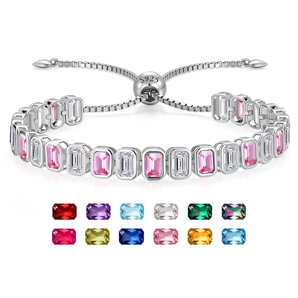 Birthstone Bracelets for Women, Sterling Silver Tennis Bracelets Emerald Cut Bezel Set with Adjustable Chain, Elegant Anniversary, Birthday or Valentine's Day Gift