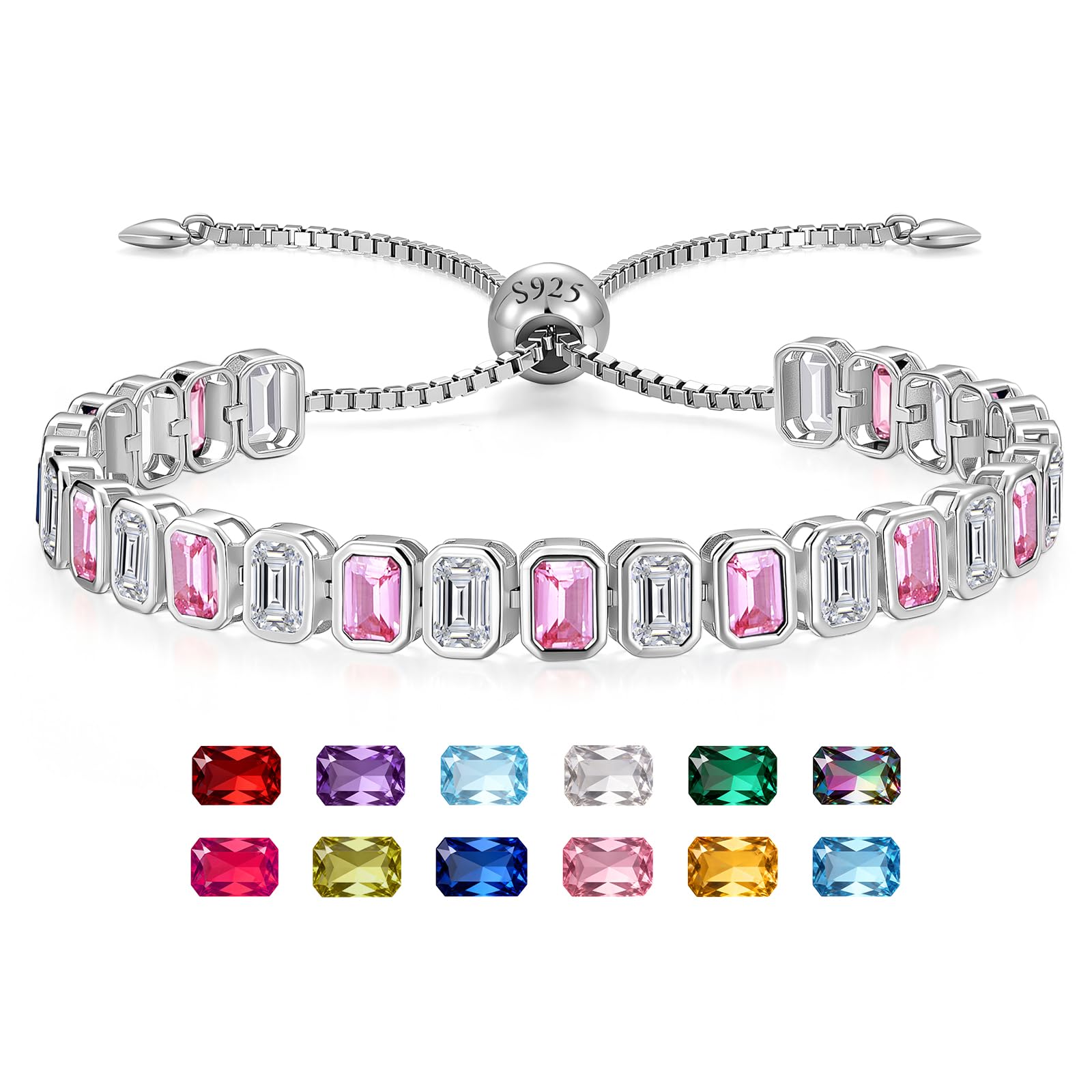 Birthstone Bracelets for Women, Sterling Silver Tennis Bracelets Emerald Cut Bezel Set with Adjustable Chain, Elegant Anniversary, Birthday or Valentine's Day Gift