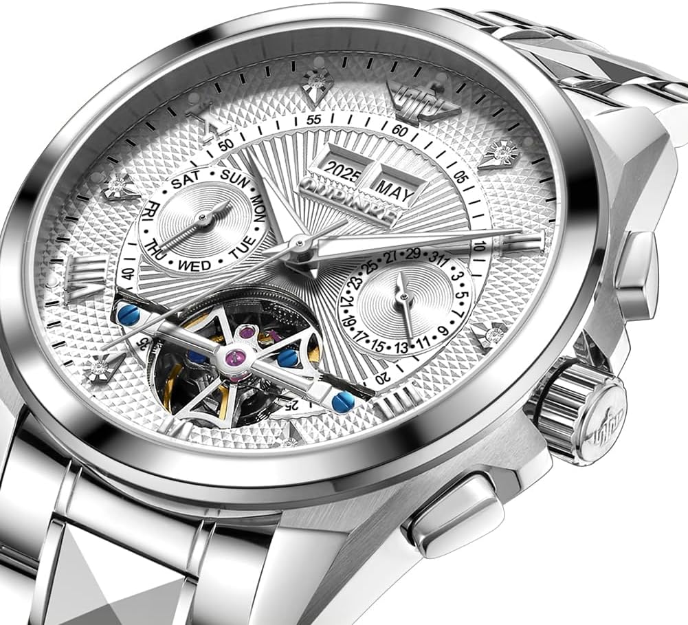 OLEVS Men Automatic Watch Diamond Skeleton Mechanical Original Luxury Self Winding Moon Phase Calendar Waterproof Wrist Watch for Men