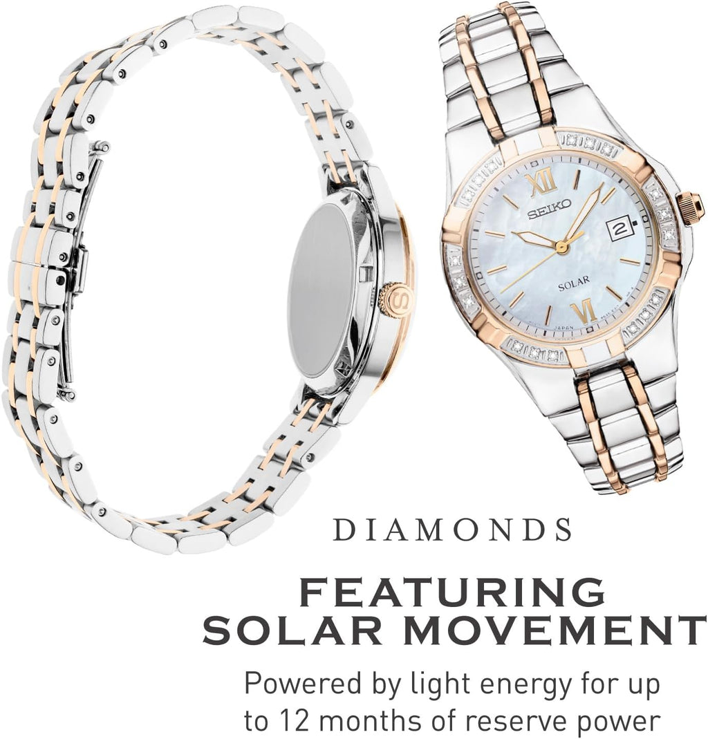 SEIKO SUT068 Watch for Women - Diamond Collection - with 18 Diamond Accents, Solar Power, Mother-of-Pearl Dial, Two-Tone Rose Gold Stainless Steel Case & Bracelet, and Water-Resistant to 50m