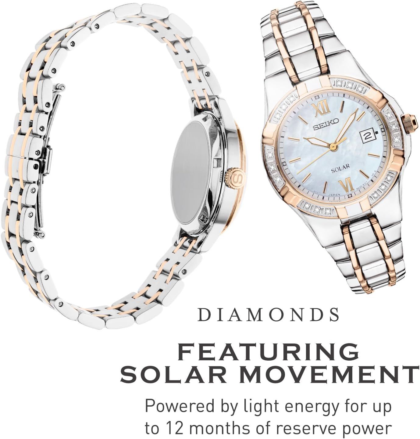 SEIKO SUT068 Watch for Women - Diamond Collection - with 18 Diamond Accents, Solar Power, Mother-of-Pearl Dial, Two-Tone Rose Gold Stainless Steel Case & Bracelet, and Water-Resistant to 50m