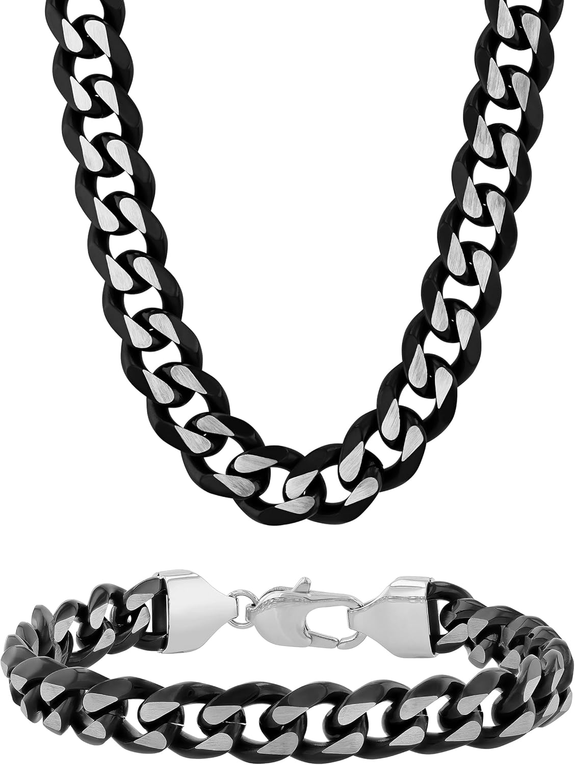 Stainless Steel Black Cuban Link 10.5MM Extra Wide 24" Chain and Matching 8.5" Bracelet with Secure Lobster Claw Clasp - Jewelry Gift Set for Men