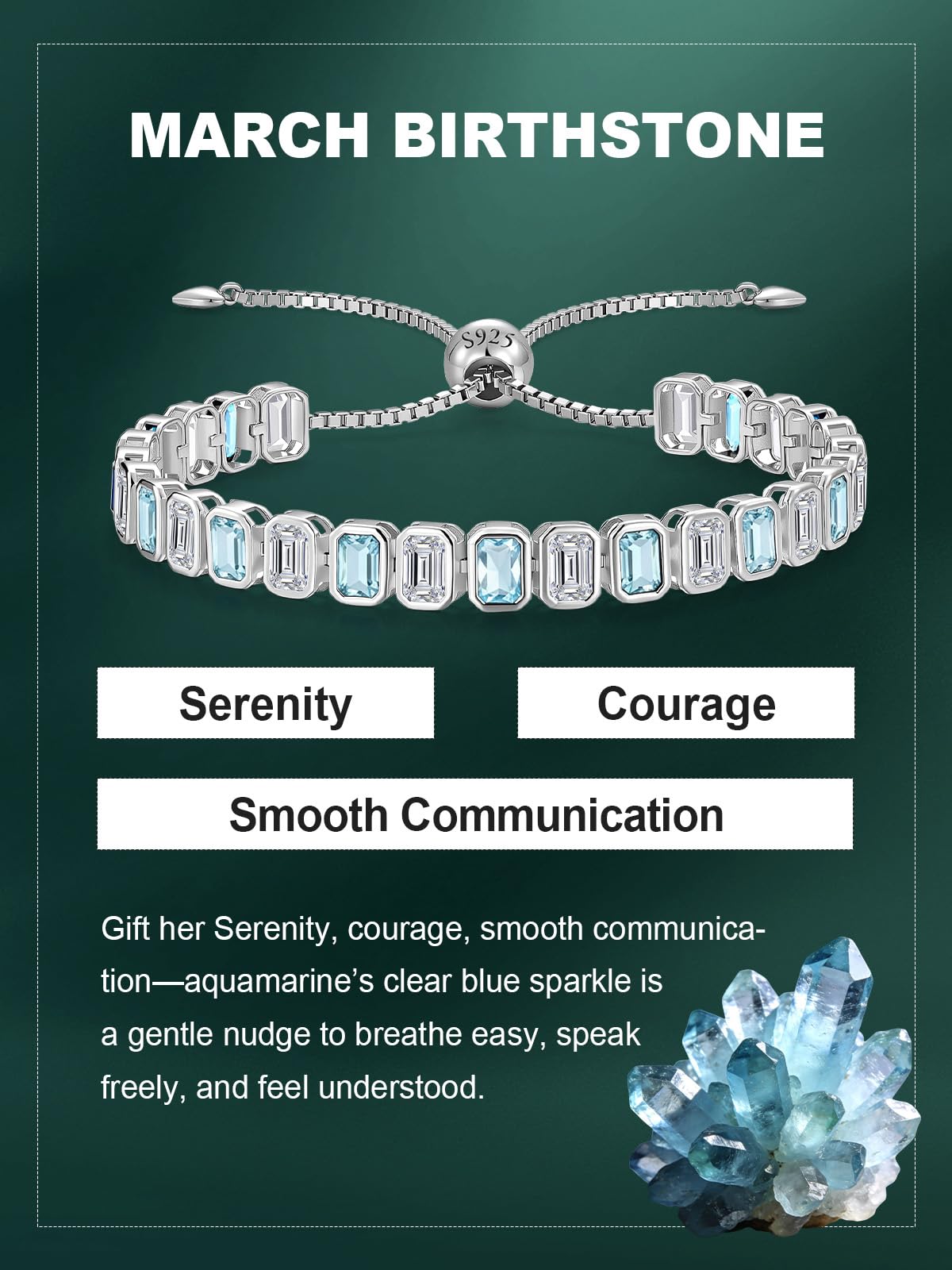 Birthstone Bracelets for Women, Sterling Silver Tennis Bracelets Emerald Cut Bezel Set with Adjustable Chain, Elegant Anniversary, Birthday or Valentine's Day Gift
