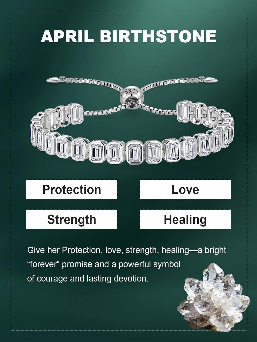Birthstone Bracelets for Women, Sterling Silver Tennis Bracelets Emerald Cut Bezel Set with Adjustable Chain, Elegant Anniversary, Birthday or Valentine's Day Gift