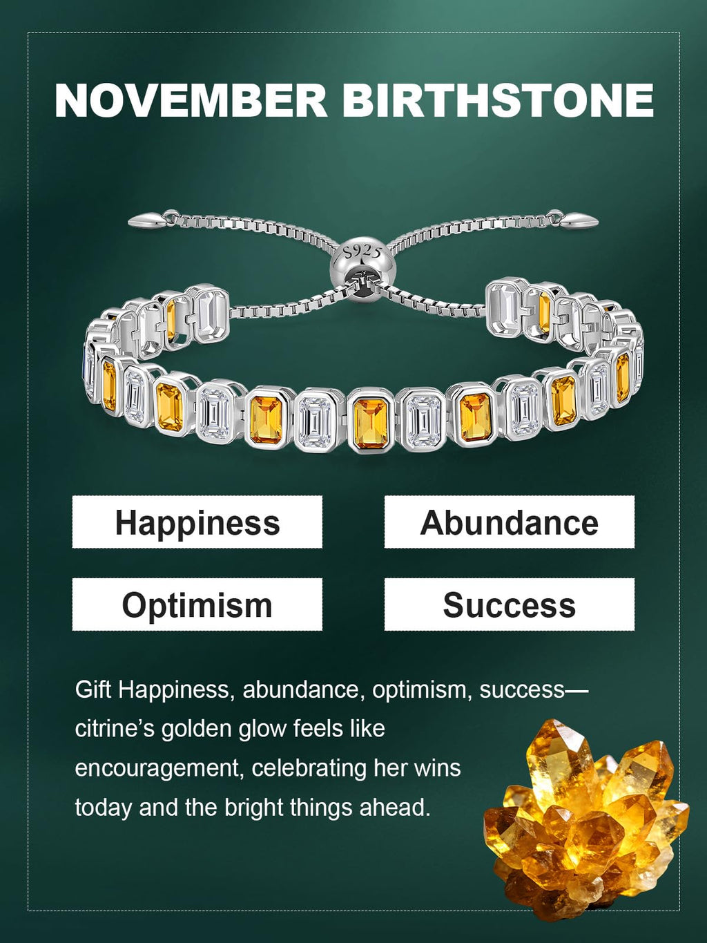Birthstone Bracelets for Women, Sterling Silver Tennis Bracelets Emerald Cut Bezel Set with Adjustable Chain, Elegant Anniversary, Birthday or Valentine's Day Gift