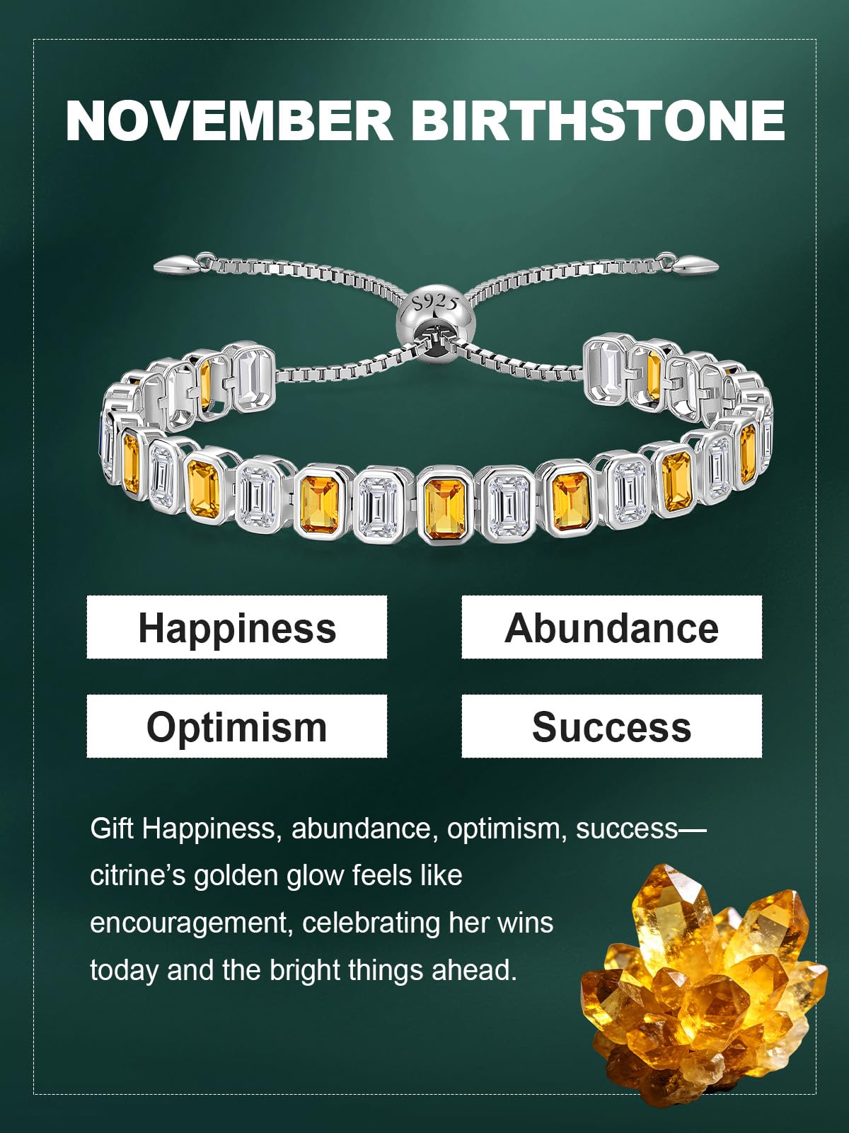 Birthstone Bracelets for Women, Sterling Silver Tennis Bracelets Emerald Cut Bezel Set with Adjustable Chain, Elegant Anniversary, Birthday or Valentine's Day Gift