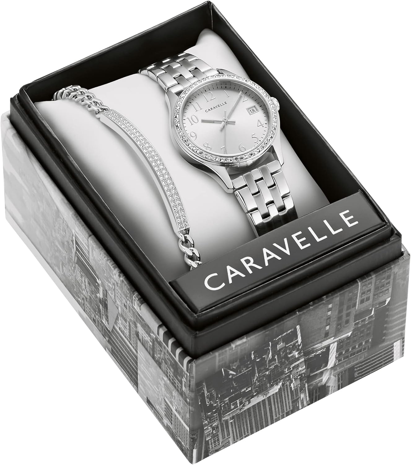 Caravelle by Bulova Ladies' Crystal Watch and Bracelet Gift Set, Day-Date