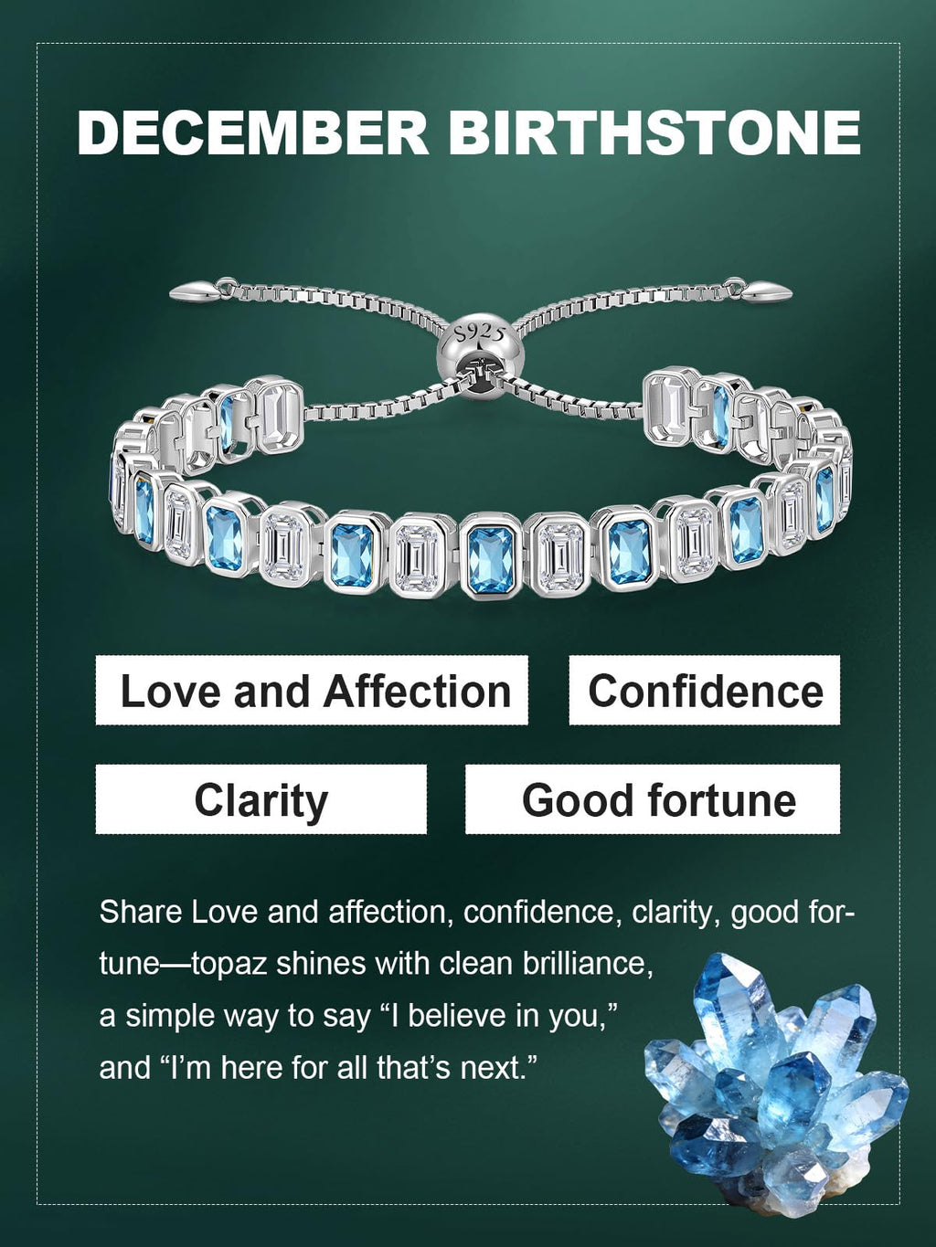 Birthstone Bracelets for Women, Sterling Silver Tennis Bracelets Emerald Cut Bezel Set with Adjustable Chain, Elegant Anniversary, Birthday or Valentine's Day Gift
