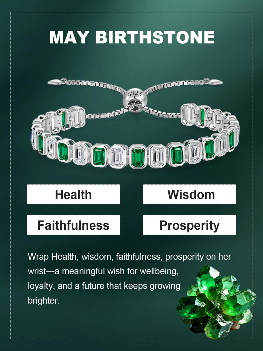 Birthstone Bracelets for Women, Sterling Silver Tennis Bracelets Emerald Cut Bezel Set with Adjustable Chain, Elegant Anniversary, Birthday or Valentine's Day Gift