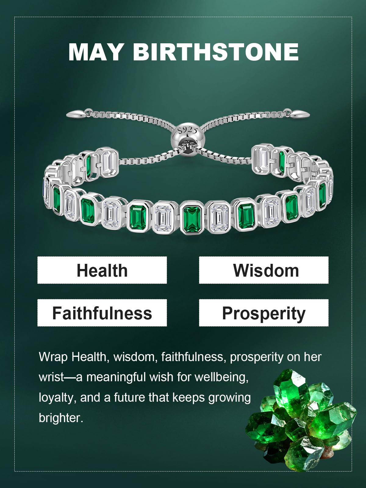 Birthstone Bracelets for Women, Sterling Silver Tennis Bracelets Emerald Cut Bezel Set with Adjustable Chain, Elegant Anniversary, Birthday or Valentine's Day Gift