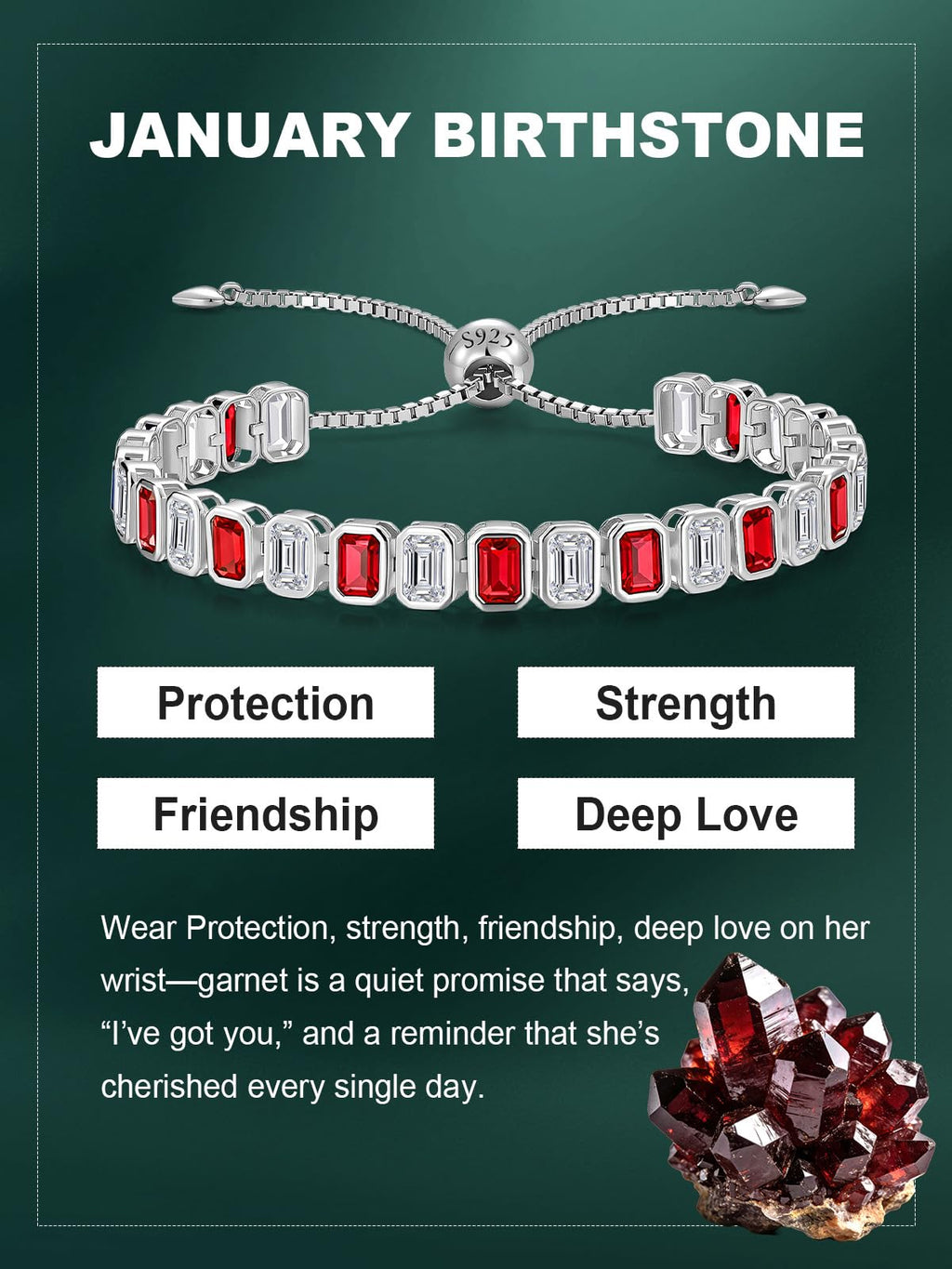 Birthstone Bracelets for Women, Sterling Silver Tennis Bracelets Emerald Cut Bezel Set with Adjustable Chain, Elegant Anniversary, Birthday or Valentine's Day Gift