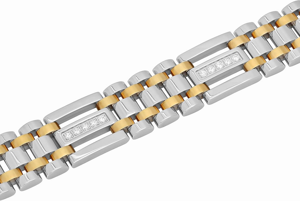 Men's 9" Stainless Steel with Yellow Finish Cubic Zirconia Link Bracelet - Elegant Sparkle