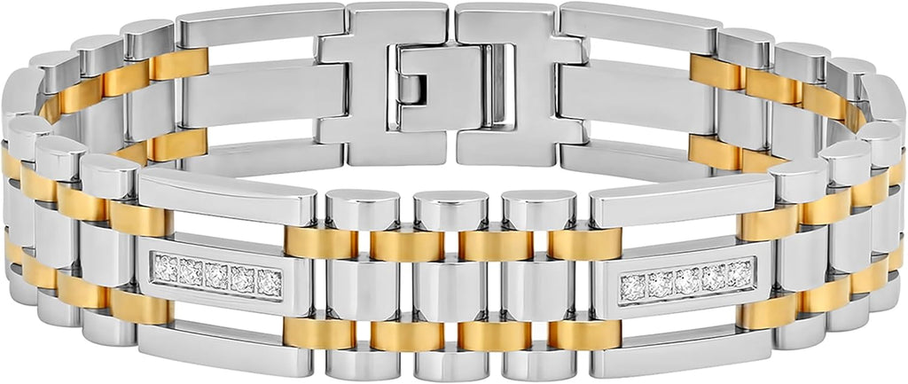 Men's 9" Stainless Steel with Yellow Finish Cubic Zirconia Link Bracelet - Elegant Sparkle