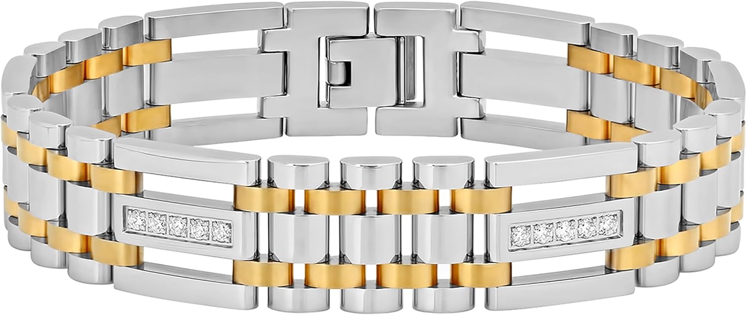 Men's 9" Stainless Steel with Yellow Finish Cubic Zirconia Link Bracelet - Elegant Sparkle
