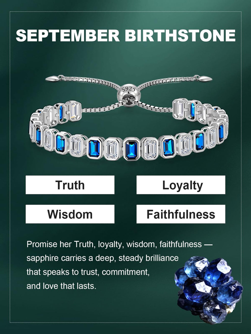 Birthstone Bracelets for Women, Sterling Silver Tennis Bracelets Emerald Cut Bezel Set with Adjustable Chain, Elegant Anniversary, Birthday or Valentine's Day Gift