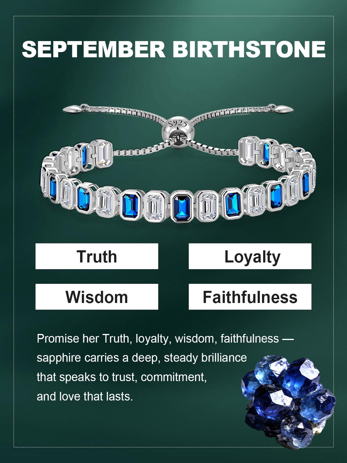 Birthstone Bracelets for Women, Sterling Silver Tennis Bracelets Emerald Cut Bezel Set with Adjustable Chain, Elegant Anniversary, Birthday or Valentine's Day Gift