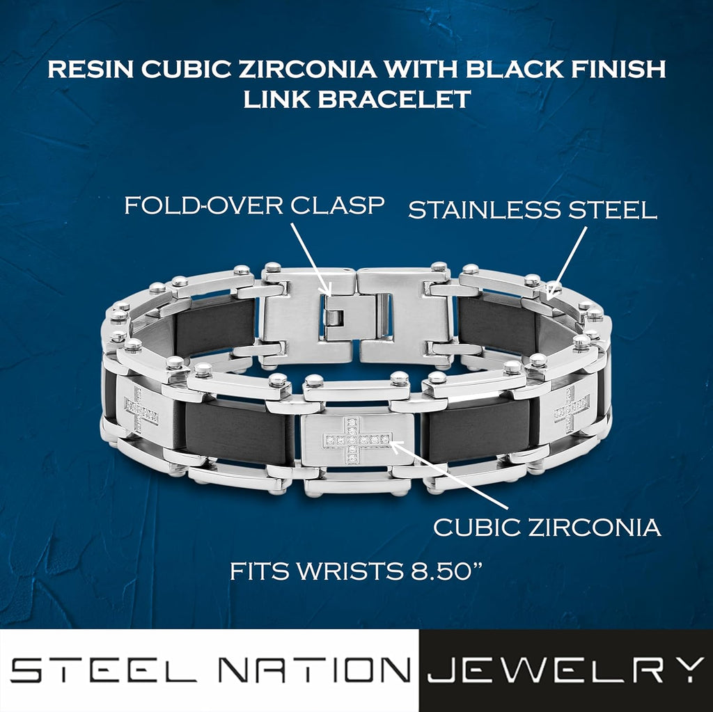 Stainless Steel and Resin CZ Black Finish Link Bracelet - 8.5 Inches, Hypoallergenic and Robust