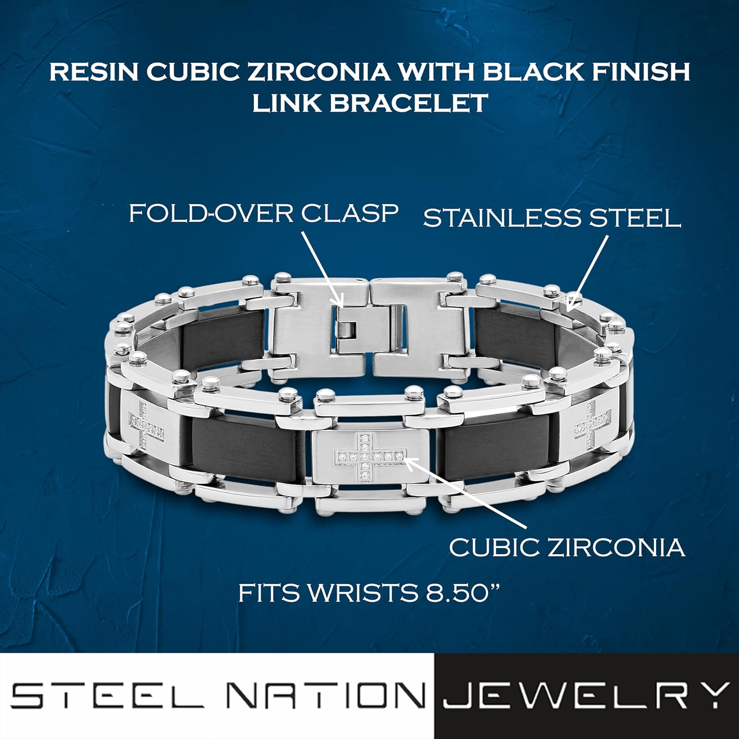 Stainless Steel and Resin CZ Black Finish Link Bracelet - 8.5 Inches, Hypoallergenic and Robust