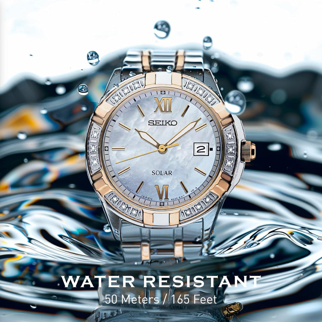 SEIKO SUT068 Watch for Women - Diamond Collection - with 18 Diamond Accents, Solar Power, Mother-of-Pearl Dial, Two-Tone Rose Gold Stainless Steel Case & Bracelet, and Water-Resistant to 50m