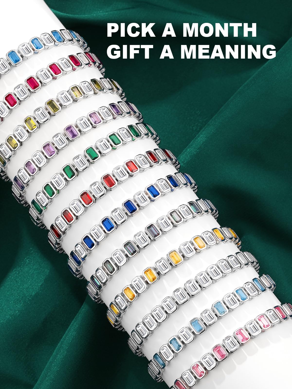 Birthstone Bracelets for Women, Sterling Silver Tennis Bracelets Emerald Cut Bezel Set with Adjustable Chain, Elegant Anniversary, Birthday or Valentine's Day Gift