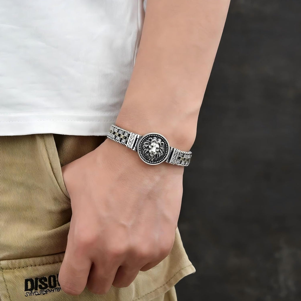 Men's Sterling Silver Bracelet, S925 Solid Chain, Italian Handmade, Silver, Chain Lion Head Bracelets, Gift for Dad, Boyfriend, Son
