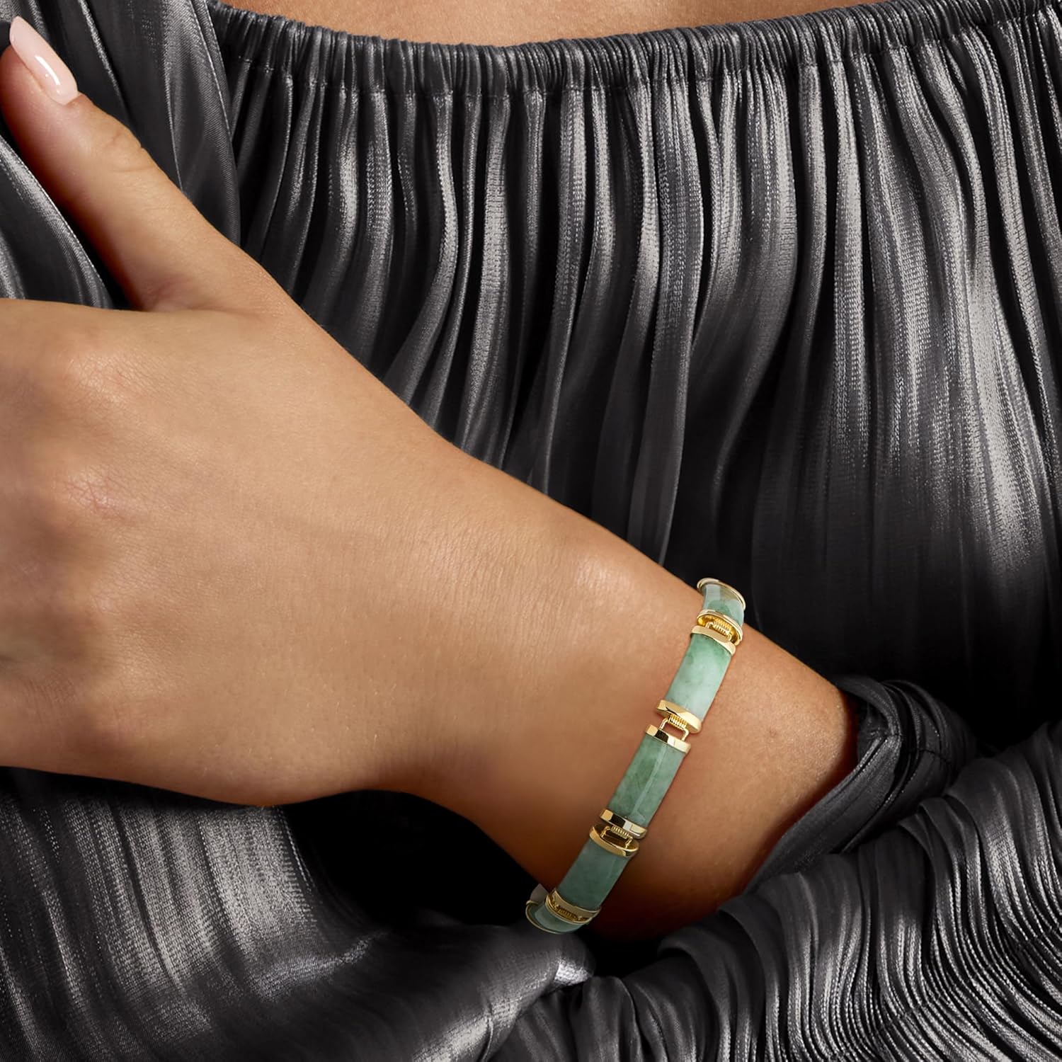 Ross-Simons Jade Good Fortune Bracelet in 18kt Gold Over Sterling, Elegant Bracelet for Women, Silver Jewelry, Christmas, Birthday Gift