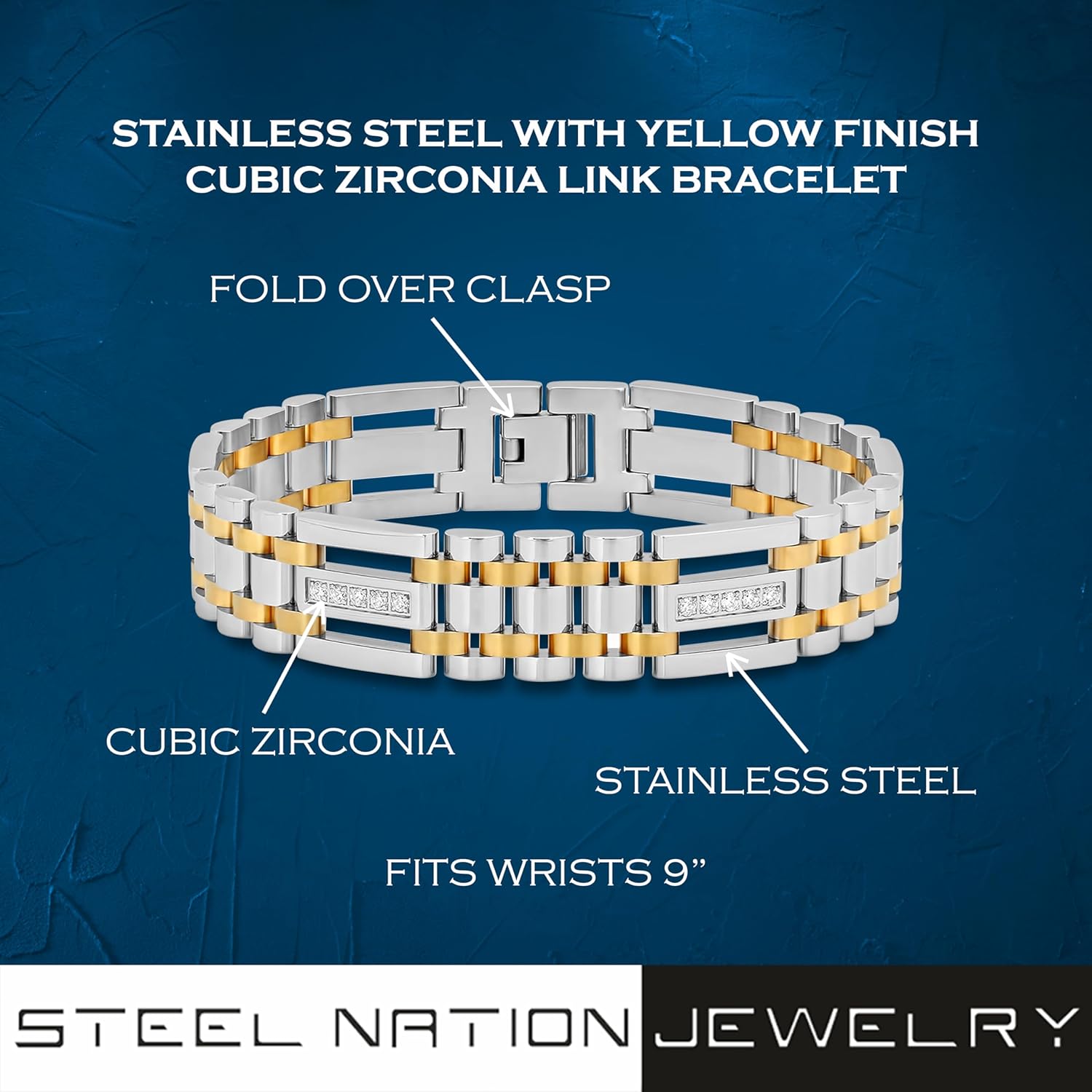 Men's 9" Stainless Steel with Yellow Finish Cubic Zirconia Link Bracelet - Elegant Sparkle