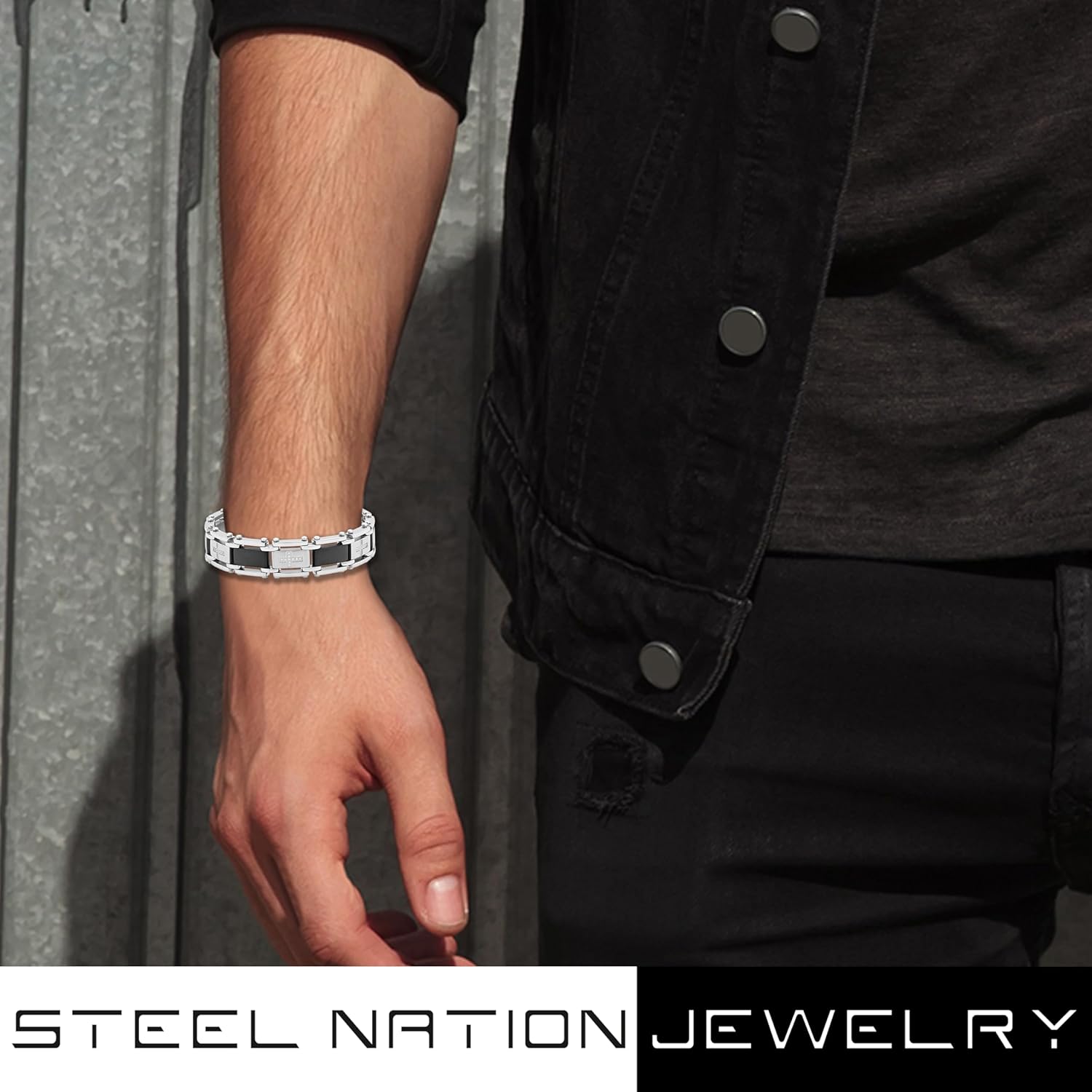 Stainless Steel and Resin CZ Black Finish Link Bracelet - 8.5 Inches, Hypoallergenic and Robust