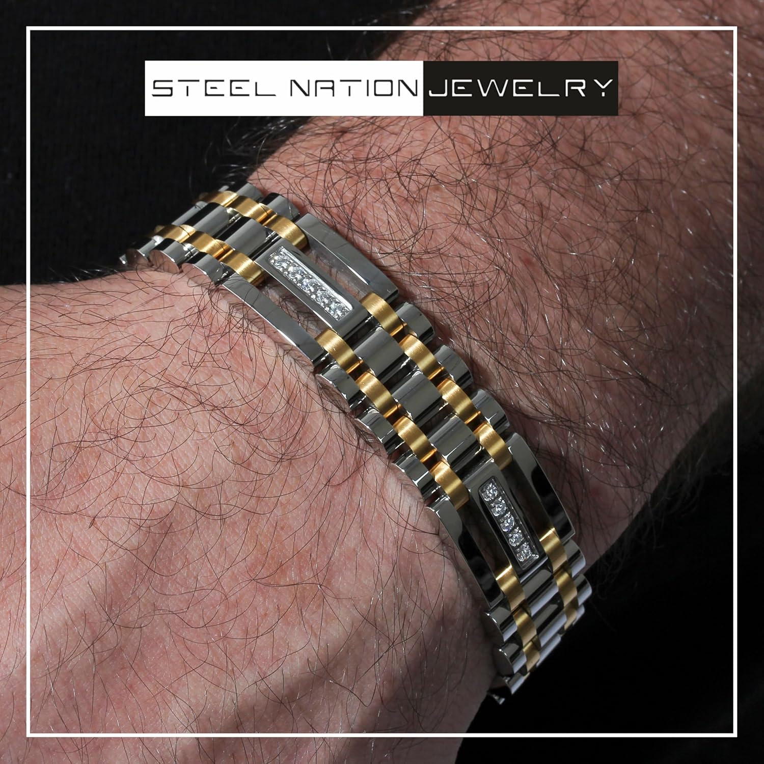 Men's 9" Stainless Steel with Yellow Finish Cubic Zirconia Link Bracelet - Elegant Sparkle