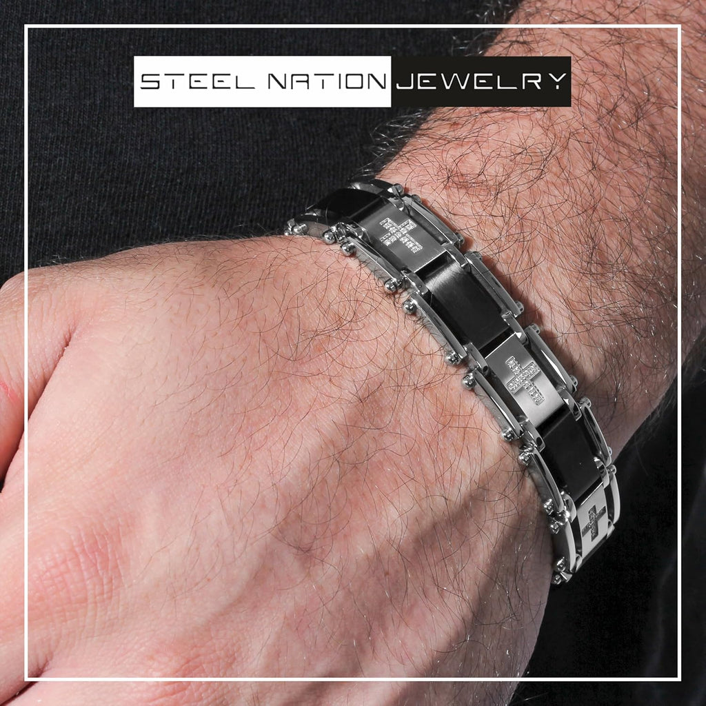 Stainless Steel and Resin CZ Black Finish Link Bracelet - 8.5 Inches, Hypoallergenic and Robust