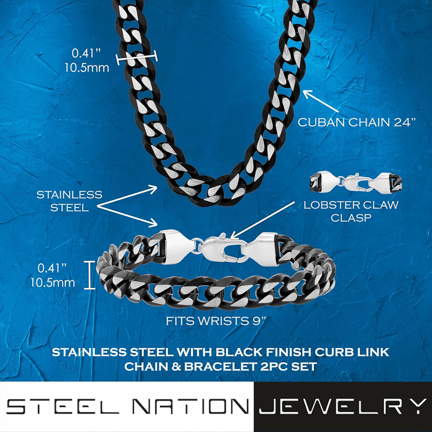 Stainless Steel Black Cuban Link 10.5MM Extra Wide 24" Chain and Matching 8.5" Bracelet with Secure Lobster Claw Clasp - Jewelry Gift Set for Men